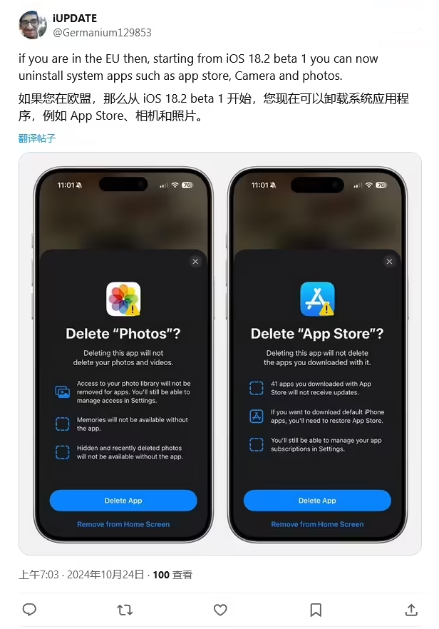 河西苹果手机维修分享iOS 18.2 支持删除 App Store 应用商店 