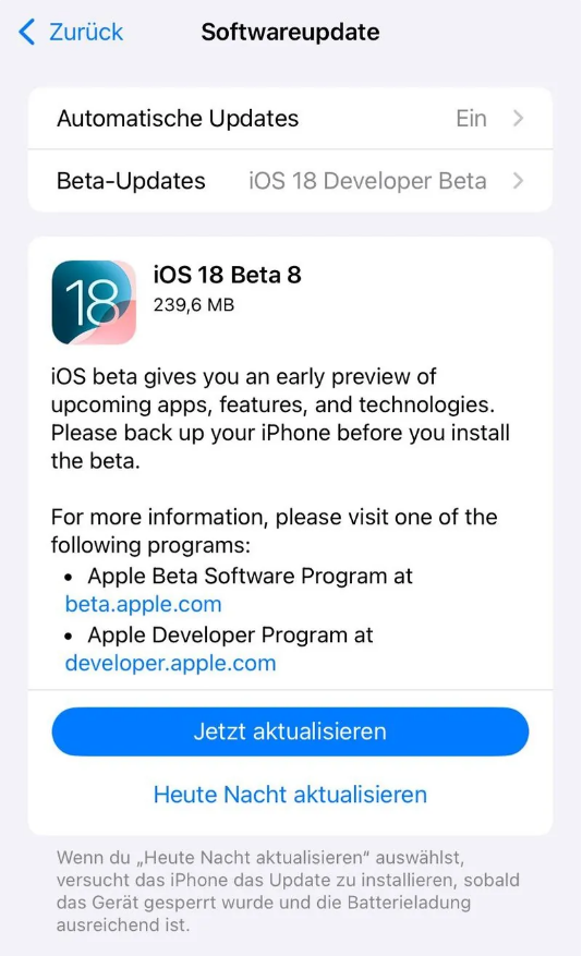 河西苹果手机维修分享苹果 iOS / iPadOS 18 开发者预览版 Beta 8 发布 